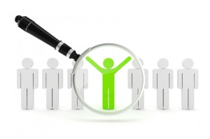 3d man, crowd and magnifying glass