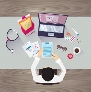 Doctor workplace, vector illustration. Male person in doctor's smock sitting at the table