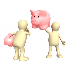 Two puppet with piggy bank