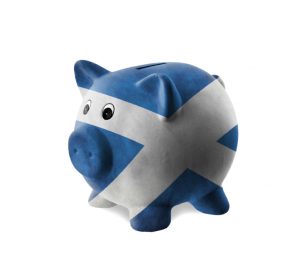 Ceramic piggy bank with painting of national flag, Scotland