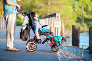 Father with disabled son in wheelchair outdoors at park, enjoying sunset
