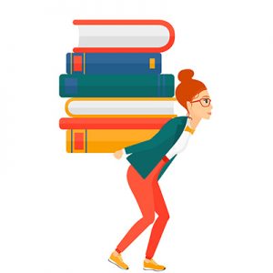 Woman with pile of books.