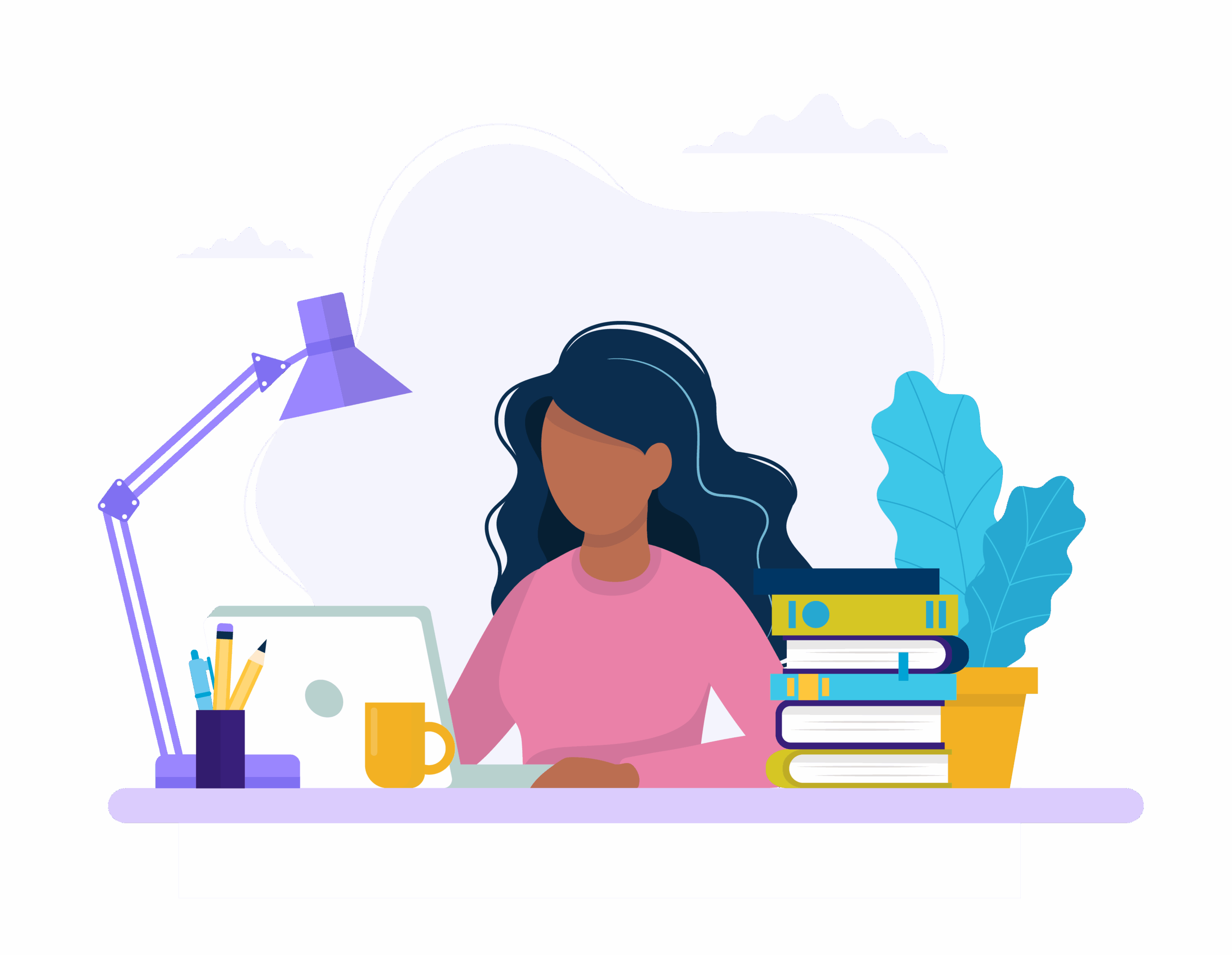 Illustration of a woman studying at a desk with books