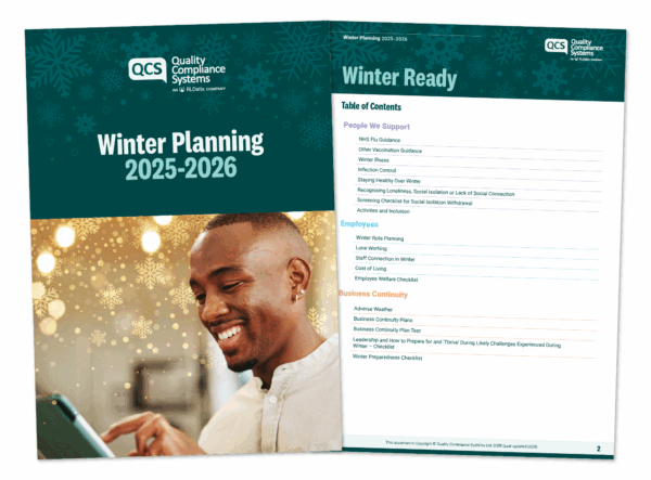 Cover and contents pages of the QCS Winter Planning 2025 to 2026 guide showing a smiling care professional using a tablet alongside a table of contents outlining people support, employee wellbeing and business continuity.