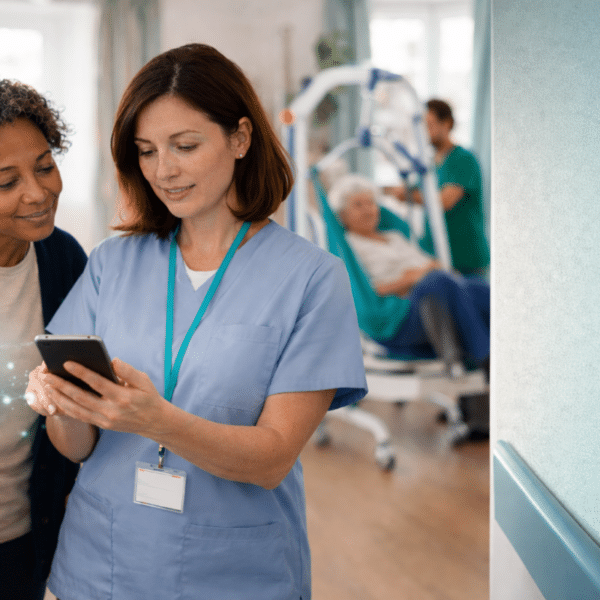 Two social care professionals reviewing guidance on a tablet in a calm UK care home corridor.