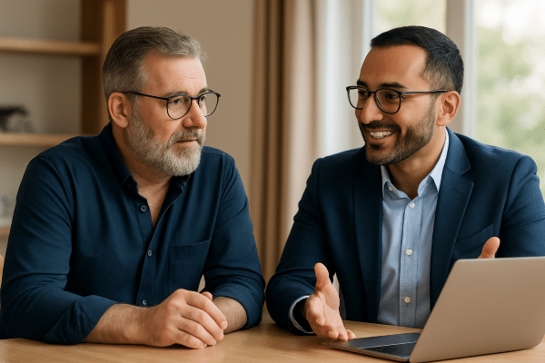 Care home owner meeting with a trusted consultant, discussing compliance, care management and quality improvement strategies.