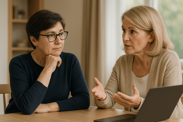Two care home leaders having a reflective discussion at a desk with a laptop, considering quality, compliance and operational challenges.