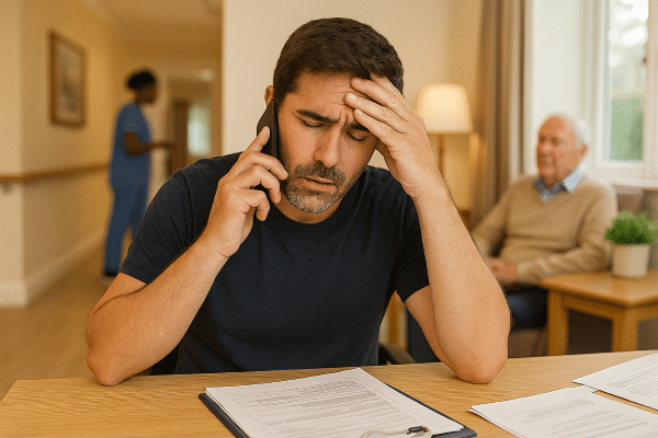 Stressed care home manager on the phone reviewing paperwork at a desk, with a resident and carer in the background.