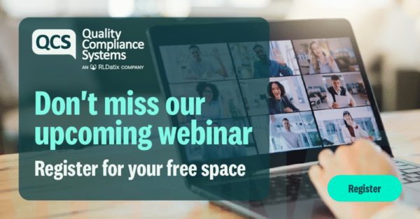 Promotional banner for a QCS webinar with text ‘Don’t miss our upcoming webinar’ and a register button
