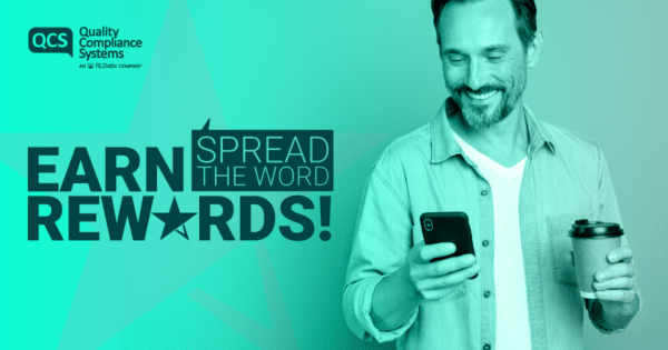 QCS Earn Rewards, Spread the Word referral banner with smiling man